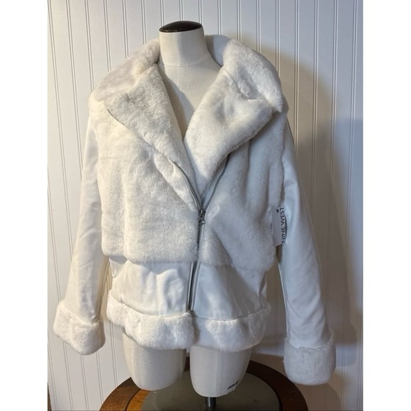 Nine West Jackets & Blazers - NINE WEST White Faux-Fur Faux Leather Moto Jacket